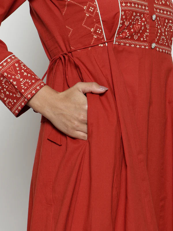 Rust Geomatric A-Line Cotton Stitched Kurta, Palazzo With Dupatta