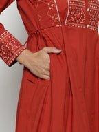 Rust Geomatric A-Line Cotton Stitched Kurta, Palazzo With Dupatta