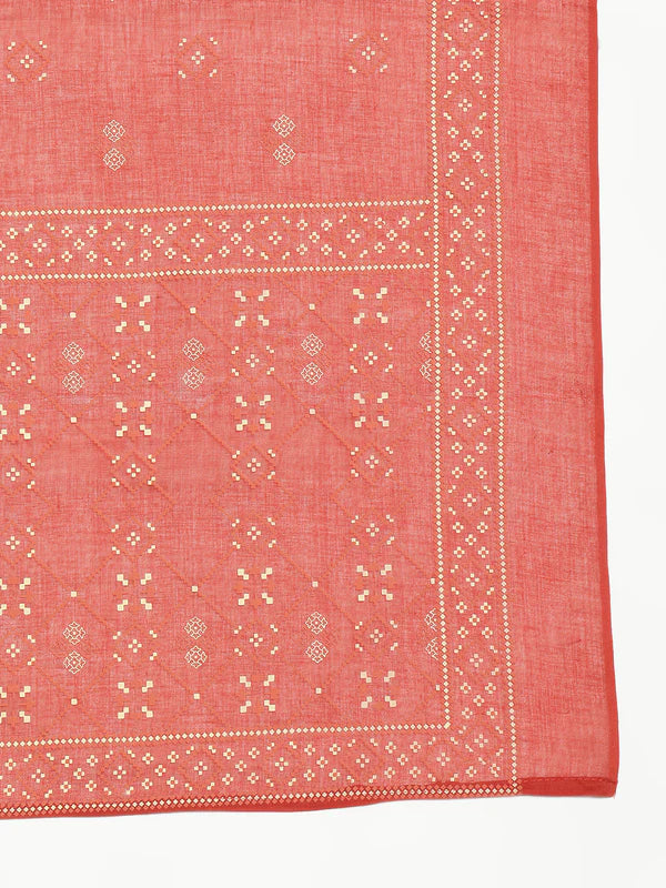 Rust Geomatric A-Line Cotton Stitched Kurta, Palazzo With Dupatta