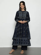 Pink Geomatric A-Line Cotton Stitched Kurta, Palazzo With Dupatta
