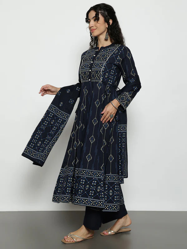 Pink Geomatric A-Line Cotton Stitched Kurta, Palazzo With Dupatta