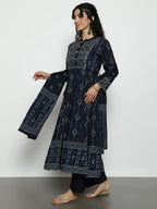 Pink Geomatric A-Line Cotton Stitched Kurta, Palazzo With Dupatta
