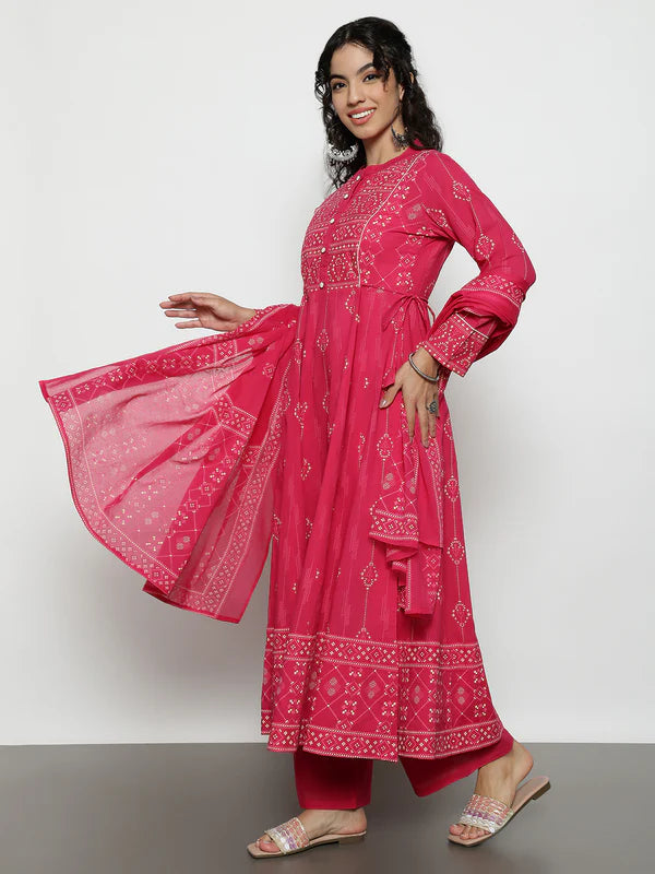 Pink Geomatric A-Line Cotton Stitched Kurta, Palazzo With Dupatta