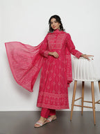 Pink Geomatric A-Line Cotton Stitched Kurta, Palazzo With Dupatta