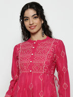 Pink Geomatric A-Line Cotton Stitched Kurta, Palazzo With Dupatta