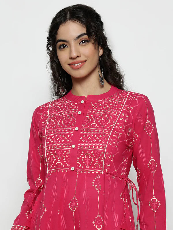 Pink Geomatric A-Line Cotton Stitched Kurta, Palazzo With Dupatta