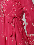 Pink Geomatric A-Line Cotton Stitched Kurta, Palazzo With Dupatta