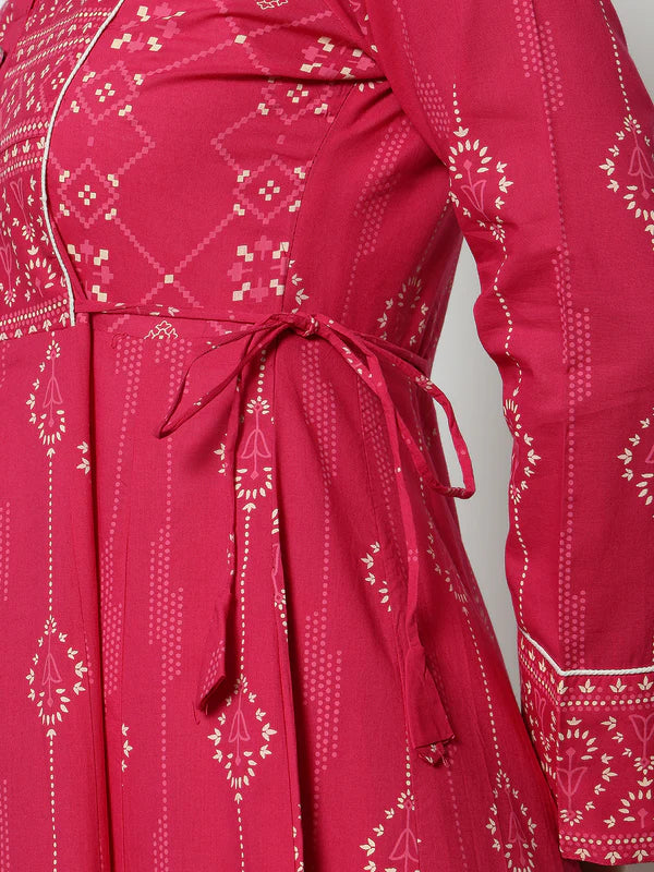Pink Geomatric A-Line Cotton Stitched Kurta, Palazzo With Dupatta