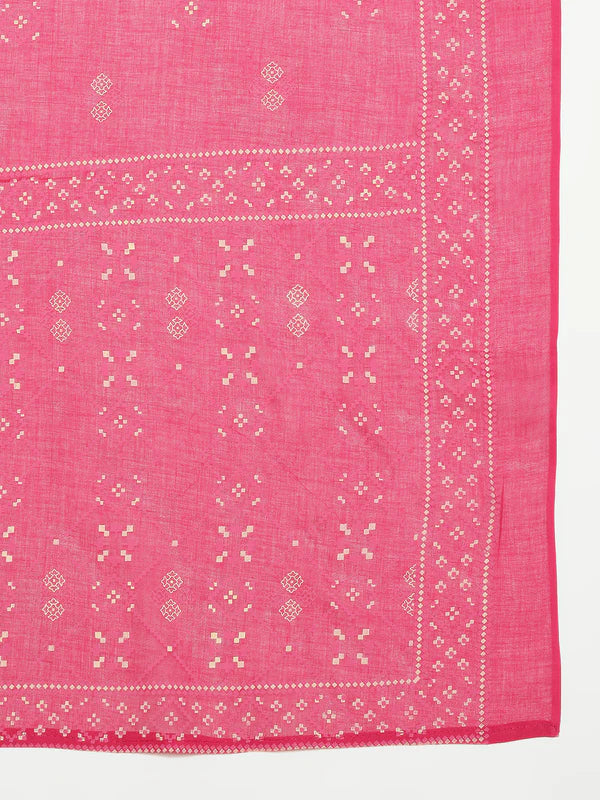 Pink Geomatric A-Line Cotton Stitched Kurta, Palazzo With Dupatta