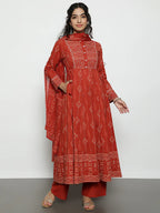 Pink Geomatric A-Line Cotton Stitched Kurta, Palazzo With Dupatta