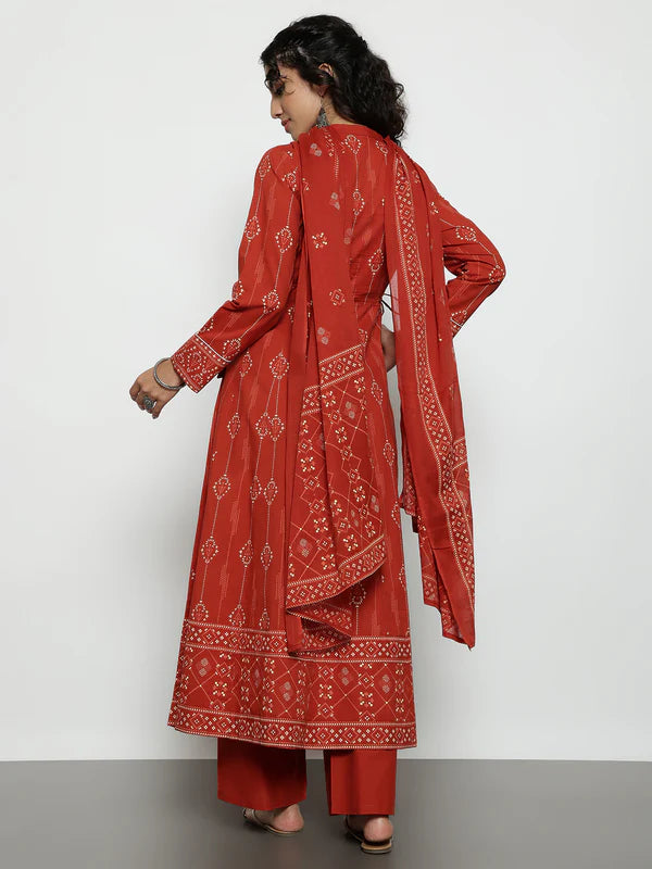 Pink Geomatric A-Line Cotton Stitched Kurta, Palazzo With Dupatta