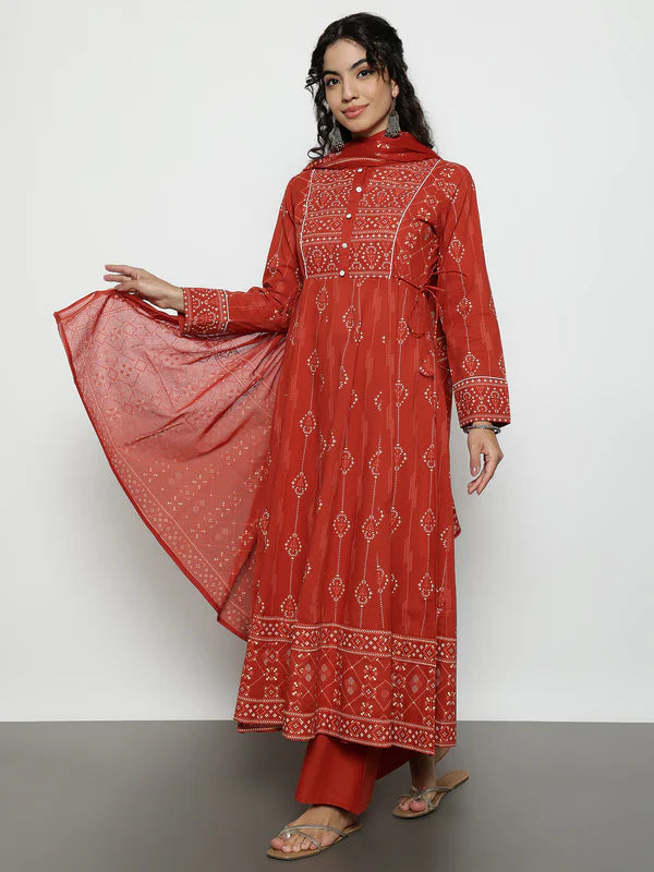 Pink Geomatric A-Line Cotton Stitched Kurta, Palazzo With Dupatta