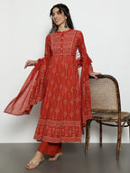 Pink Geomatric A-Line Cotton Stitched Kurta, Palazzo With Dupatta