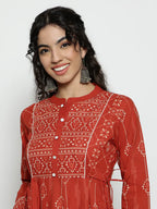 Pink Geomatric A-Line Cotton Stitched Kurta, Palazzo With Dupatta