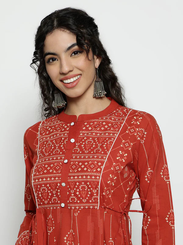 Pink Geomatric A-Line Cotton Stitched Kurta, Palazzo With Dupatta