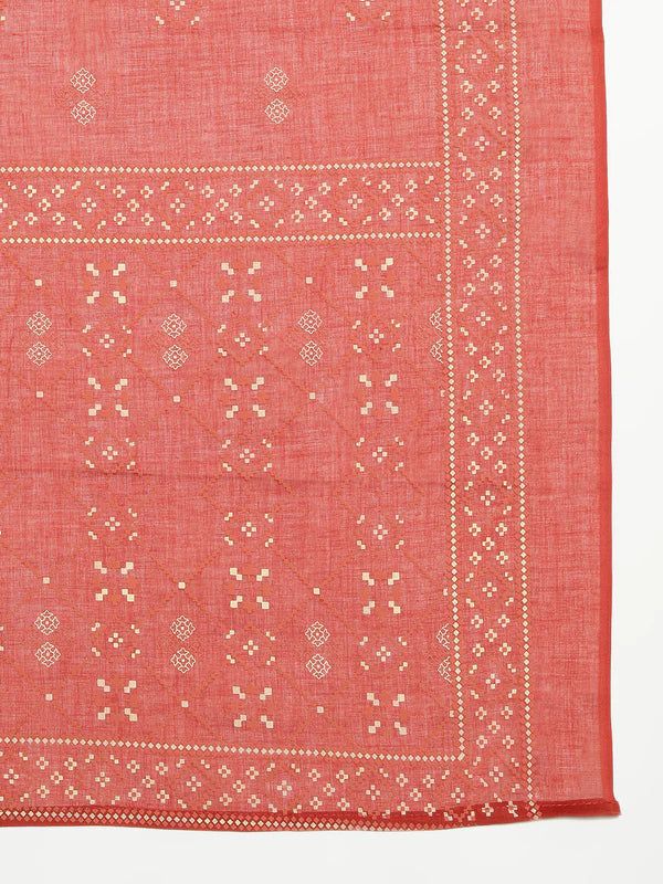 Pink Geomatric A-Line Cotton Stitched Kurta, Palazzo With Dupatta