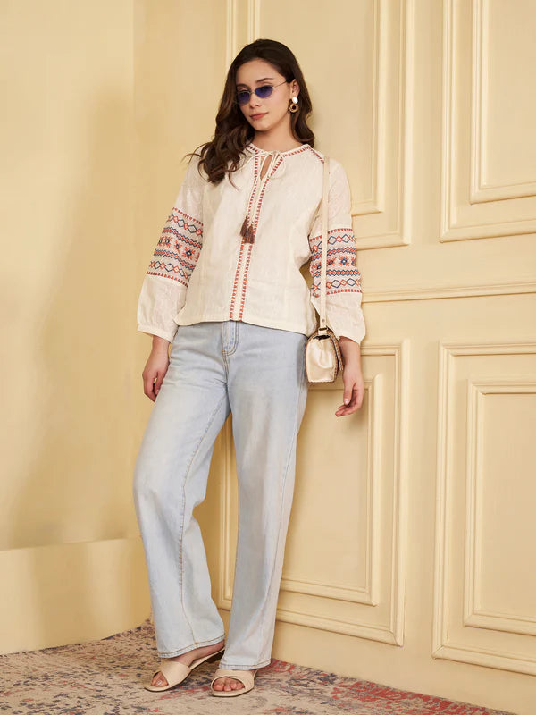 Off-White Geomatric Straight Cotton Jacquard with inner Stitched Top