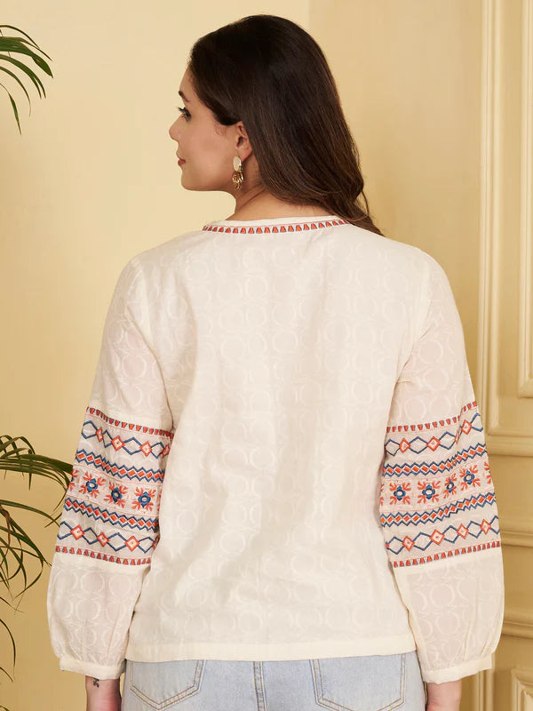 Off-White Geomatric Straight Cotton Jacquard with inner Stitched Top