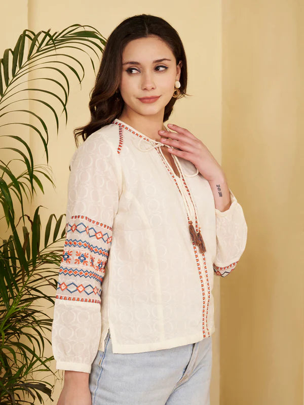 Off-White Geomatric Straight Cotton Jacquard with inner Stitched Top