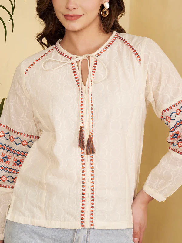 Off-White Geomatric Straight Cotton Jacquard with inner Stitched Top