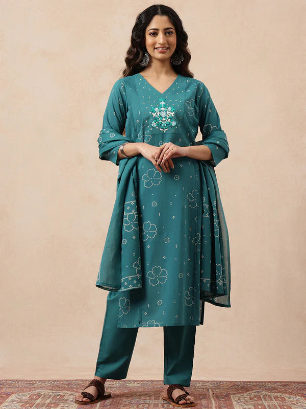 Aqua Bhandhani Print Straight Cotton Kurta Set with Dupatta