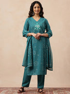 Aqua Bhandhani Print Straight Cotton Kurta Set with Dupatta