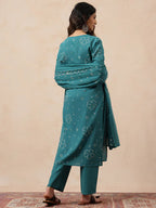 Aqua Bhandhani Print Straight Cotton Kurta Set with Dupatta