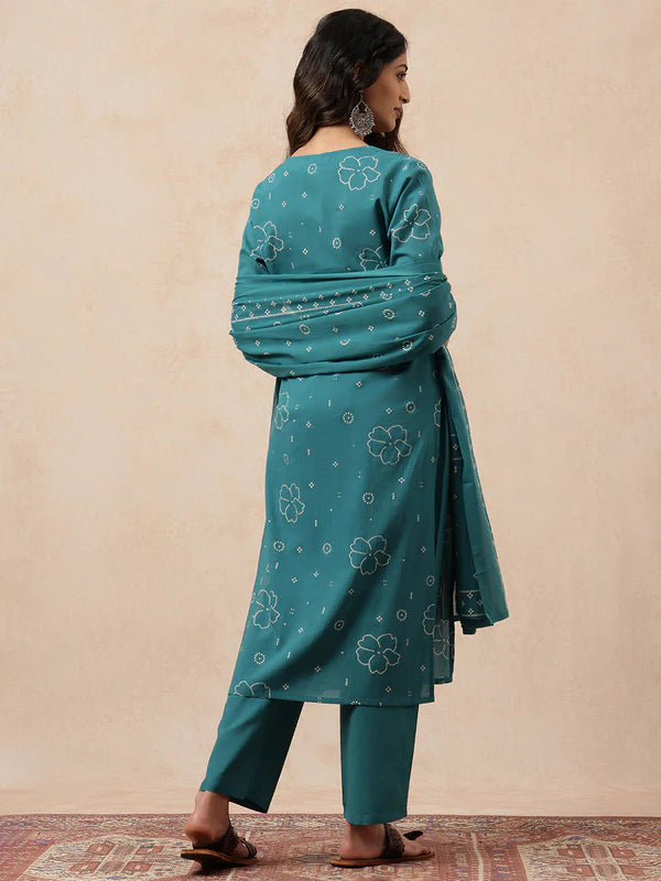 Aqua Bhandhani Print Straight Cotton Kurta Set with Dupatta
