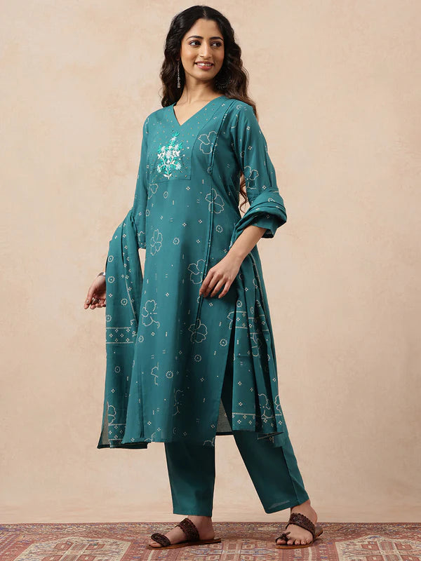 Aqua Bhandhani Print Straight Cotton Kurta Set with Dupatta