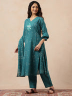 Aqua Bhandhani Print Straight Cotton Kurta Set with Dupatta