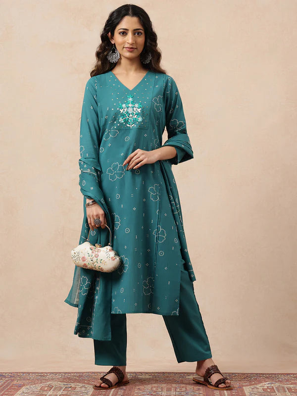 Aqua Bhandhani Print Straight Cotton Kurta Set with Dupatta