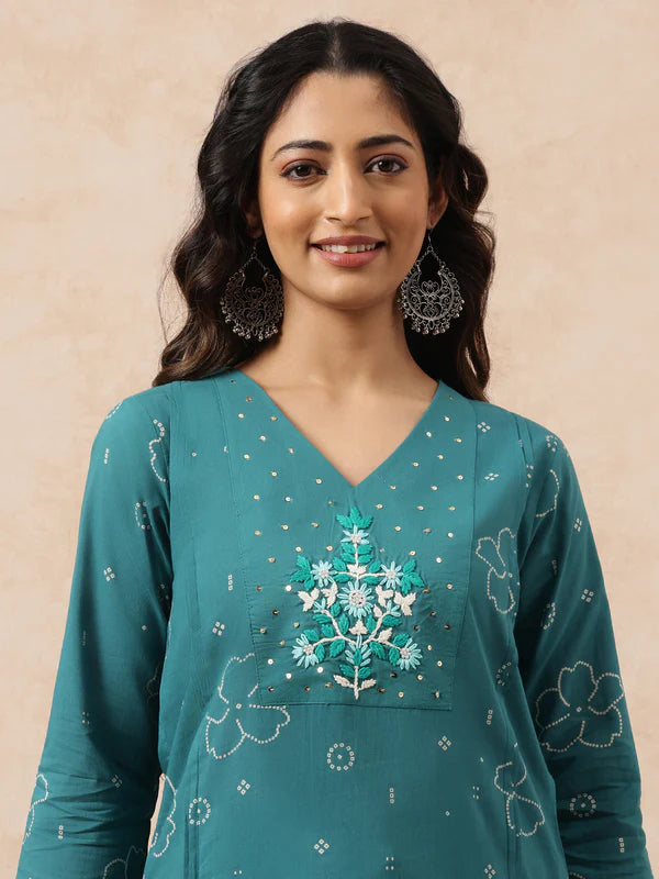 Aqua Bhandhani Print Straight Cotton Kurta Set with Dupatta
