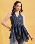 Blue Floral Up-Down Cotton Stitched Tunic