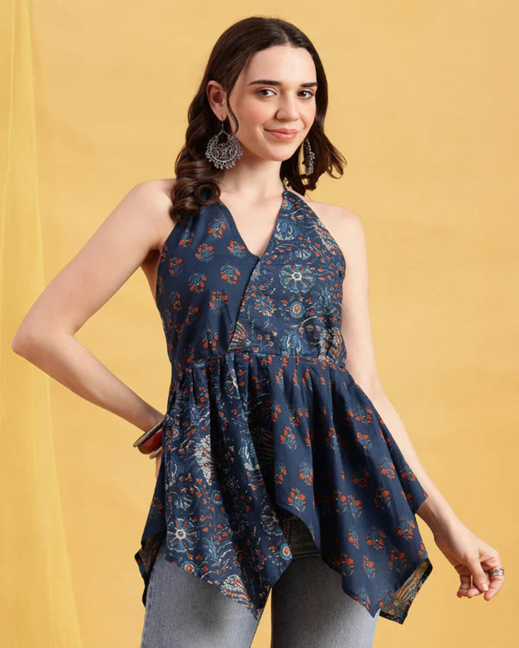 Blue Floral Up-Down Cotton Stitched Tunic