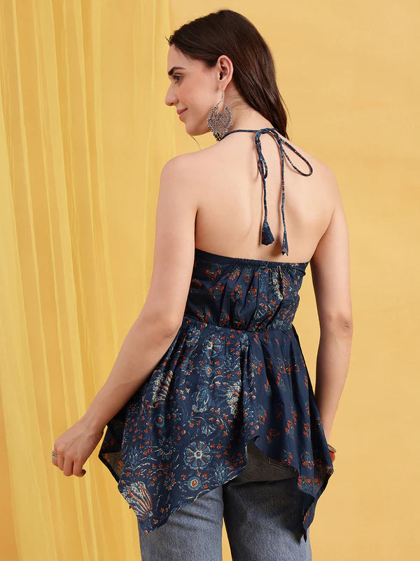 Blue Floral Up-Down Cotton Stitched Tunic