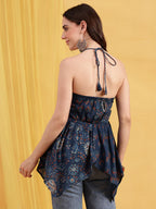 Blue Floral Up-Down Cotton Stitched Tunic