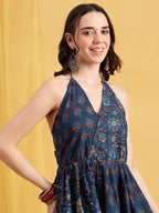 Blue Floral Up-Down Cotton Stitched Tunic
