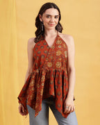 Blue Floral Up-Down Cotton Stitched Tunic