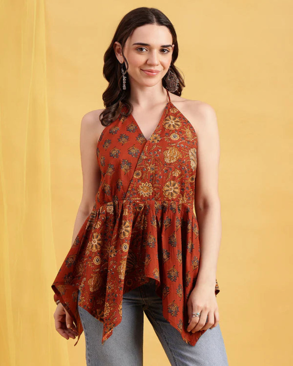 Blue Floral Up-Down Cotton Stitched Tunic