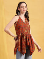 Blue Floral Up-Down Cotton Stitched Tunic