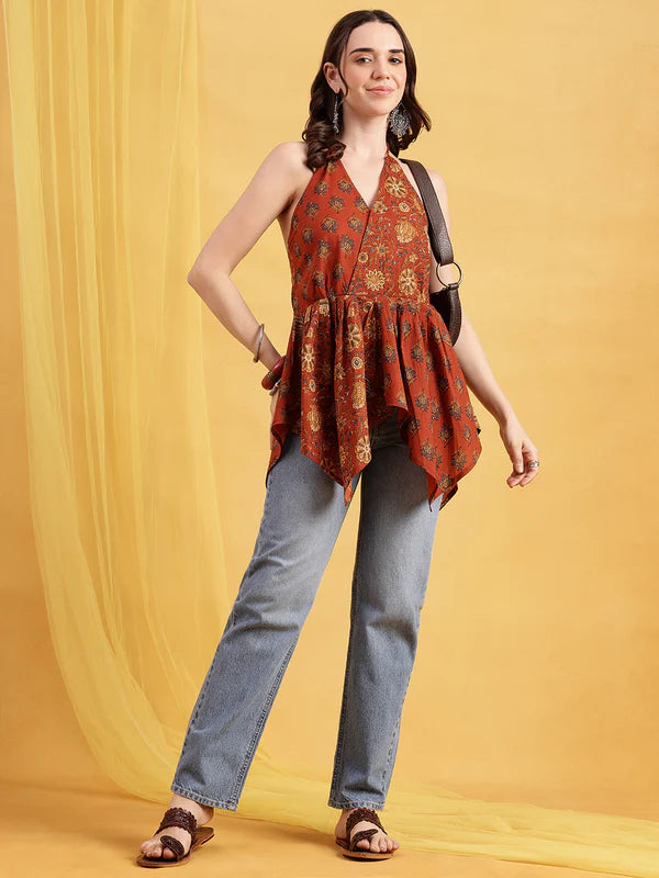 Blue Floral Up-Down Cotton Stitched Tunic