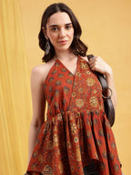 Blue Floral Up-Down Cotton Stitched Tunic