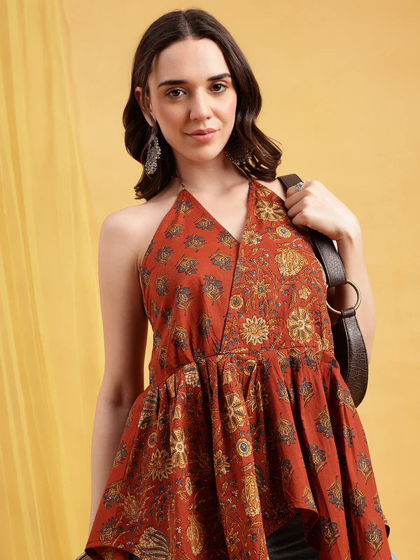 Blue Floral Up-Down Cotton Stitched Tunic