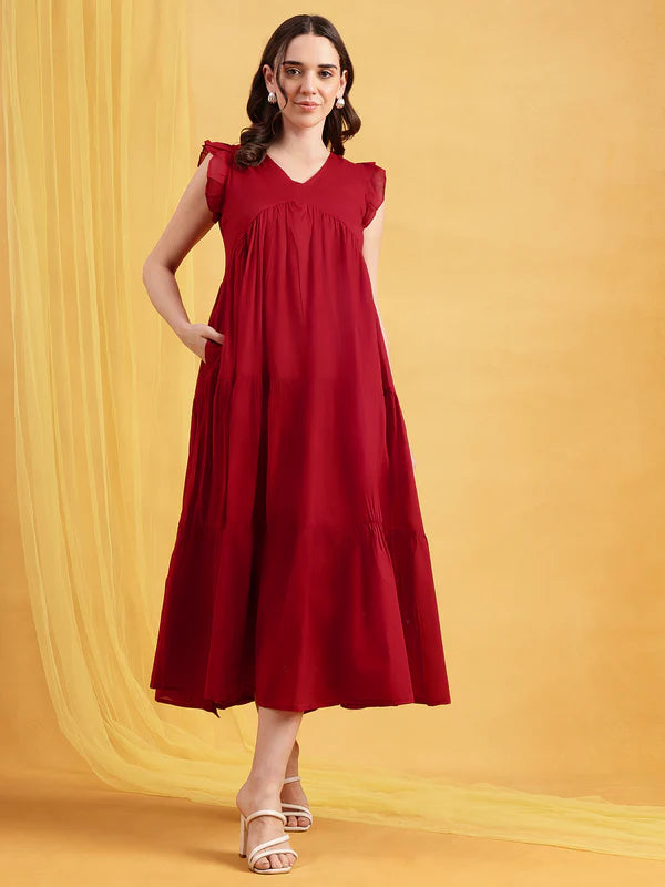 Chocolate Brown Mul Cotton Tiered Maxi Dress with Inner