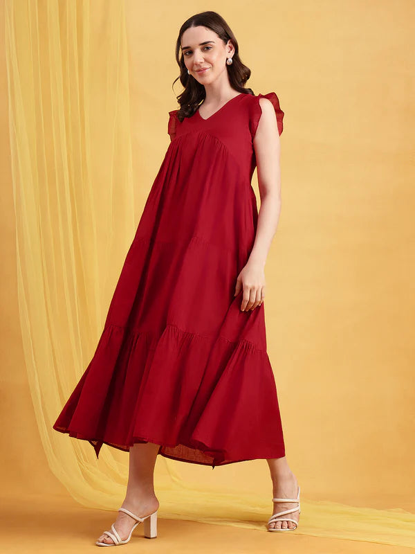 Chocolate Brown Mul Cotton Tiered Maxi Dress with Inner