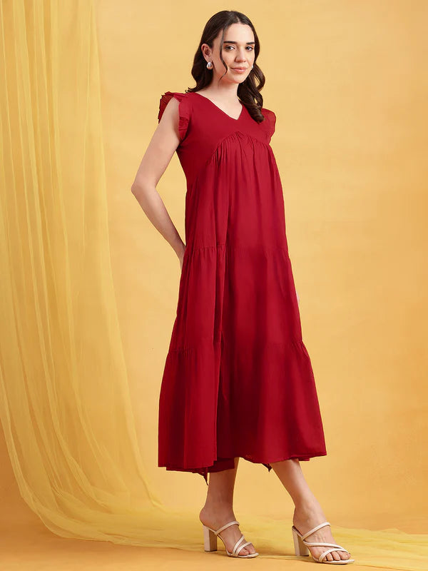 Chocolate Brown Mul Cotton Tiered Maxi Dress with Inner