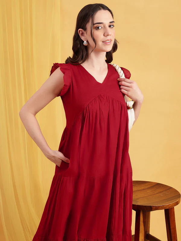 Chocolate Brown Mul Cotton Tiered Maxi Dress with Inner