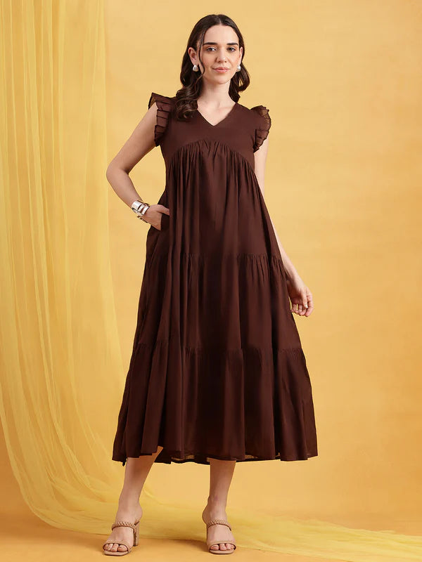Chocolate Brown Mul Cotton Tiered Maxi Dress with Inner