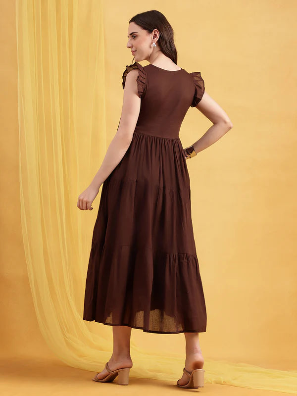 Chocolate Brown Mul Cotton Tiered Maxi Dress with Inner