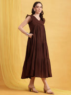 Chocolate Brown Mul Cotton Tiered Maxi Dress with Inner